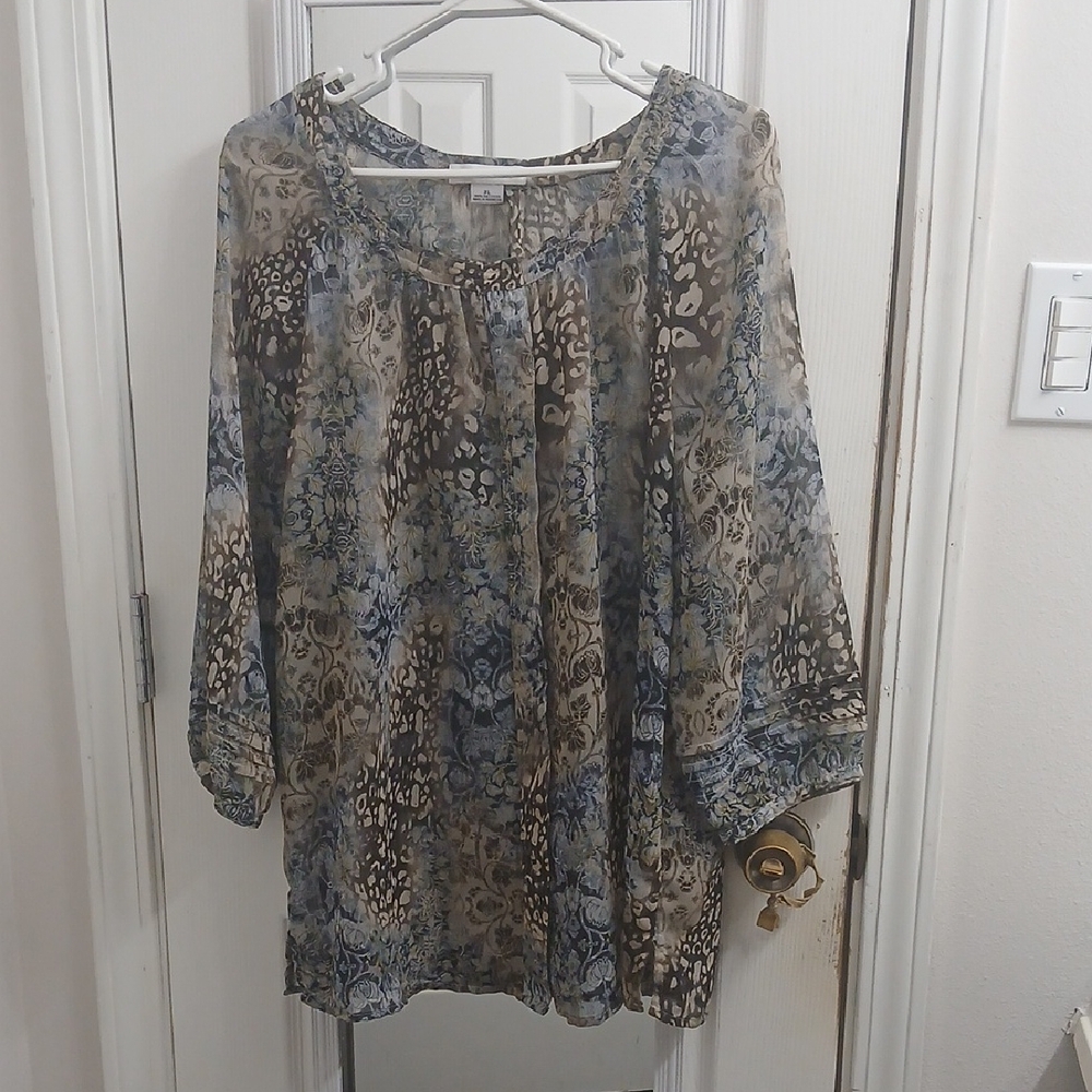 Liz Claiborne Blue and Brown Patterned Blouse Size Xl
